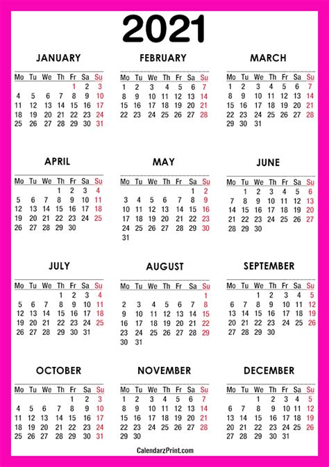 You can place this free printable calendar on your wall, on your fridge, or near your desk to help you stay organized. 2021 Calendar, A4 Paper Size, Printable Free, Pink ...