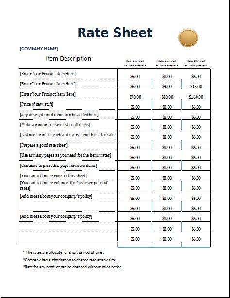 Rate Sheet Template Excel Templates Excel Templates Free Word Template