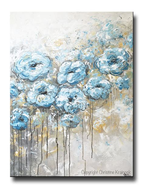 Original Art Abstract Flowers Painting Floral Blue White Grey Wall Art