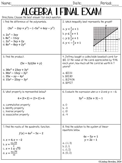 Algebra 1 Final Exam with Study Guide (Editable) - Lindsay Bowden