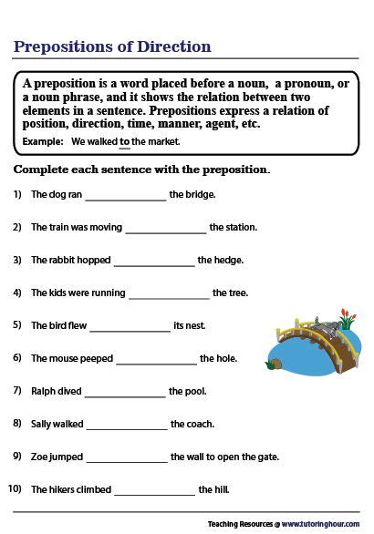 A Worksheet With The Words Prepositions Of Direction And An Image Of A