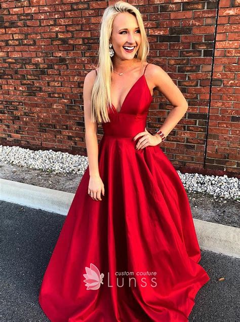 The shining satin gives the formal evening dress a look of luxury that's heightened by a band of beads around the natural waistline. Red Satin A-line Plunging V-neck Long Prom Dress - Lunss