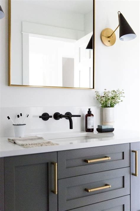 Pretty Black White And Grey Bathroom Gold And Matte Black Fixtures