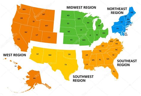estados unidos regiones geográficas mapa político de colores cinco regiones según su