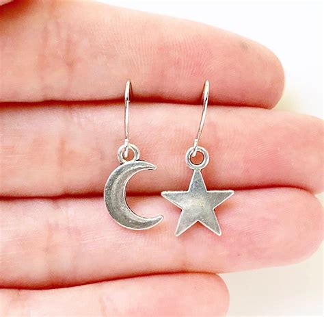 Moon And Star Earrings Mismatched Silver Earrings Celestial Etsy