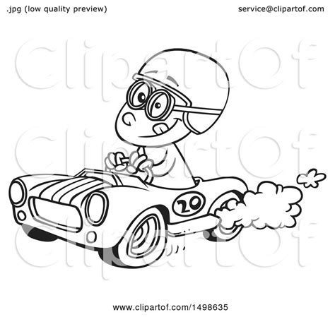 Clipart Of A Cartoon Black And White Race Car Driver Boy Royalty Free