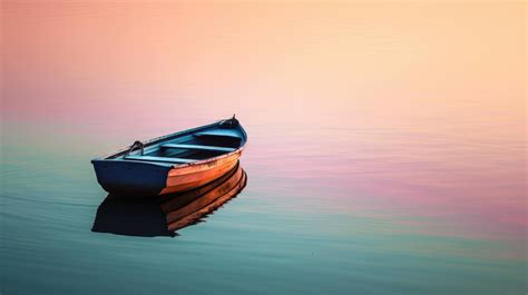 Solitary Boat On Calm Water Peaceful Lake Scene At Dusk Serene Water