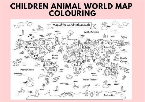 Printable Animal Kids World Map Children Body Coloring Poster Etsy