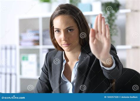Serious Executive Woman Gesturing Stop At Office Stock Photo Image Of