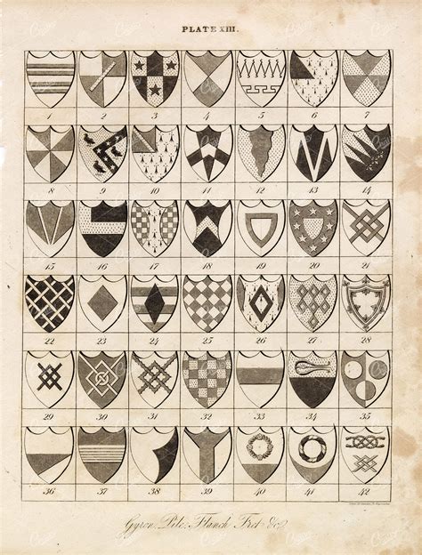 Antique 1829 Heraldry Print Gyron Pile Flanch Fret William Berry