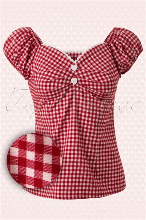 Summer Women 50s White Red Gingham Boat Neck Puff Sleeve Peasant Dolores Tops Pin Up Vintage