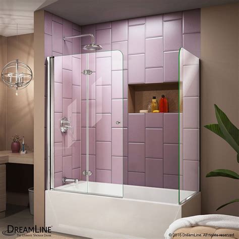 The frameless bathtub screen actually swings, so you can open your shower up completely. Aqua Fold 56-60" W Frameless Hinged Tub Door with Return Panel