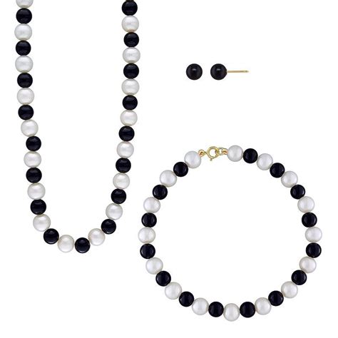 14k Gold Freshwater Cultured Pearl And Onyx Necklace Bracelet And Stud
