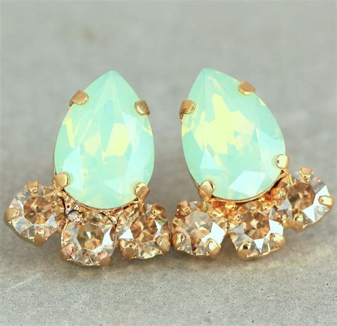 Green Opal Earrings Mint Green Swarovski Earrings Mint Stud Etsy