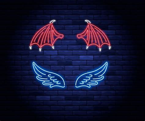 Premium Vector Illuminated Neon Red Devil And Blue Angel Wings Sign