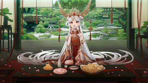 Wallpaper Long Hair White Hair Food Red Eyes Building Chinese