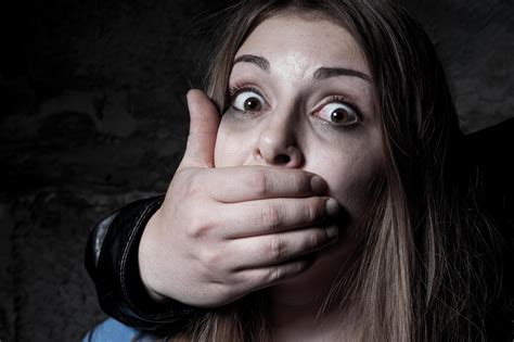Kidnapping Terrified Young Woman With Hand Covering Her Mouth Staring