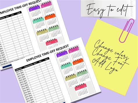 Employee Time Off Request Calendar Template Editable Word Etsy Finland