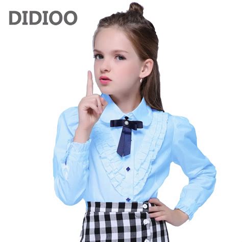 Teenage White Blouses For Girls Formal Clothes Turn Down Collar Bow
