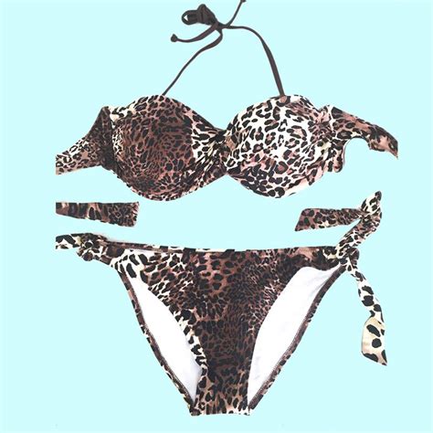 Leopard Print Bikini Push Up Underwire Padded Swimsuit Retro Halter