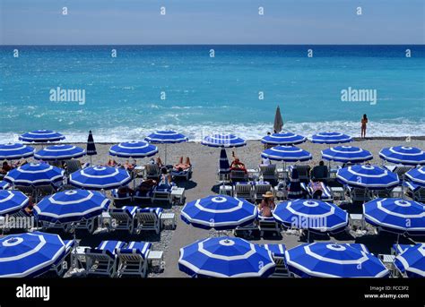 Resort Beach Umbrellas Parasols Blue Nice Riviera France Cote Dazur Hi