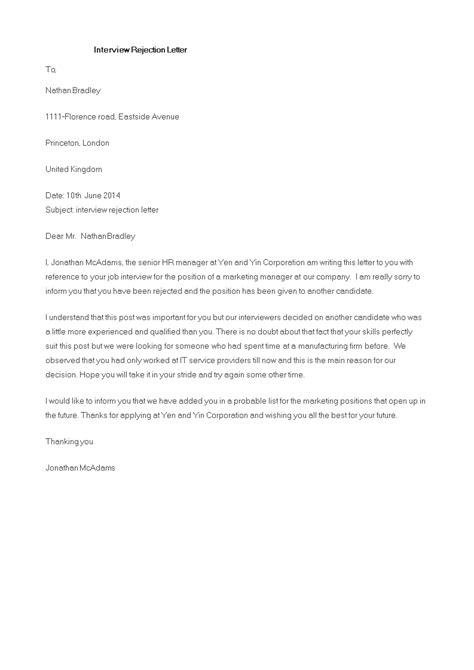 Letter To Reject Job Interview Templates At