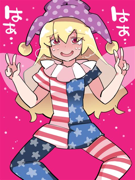 safebooru 1girl american flag dress blonde hair blush clownpiece commentary request double v