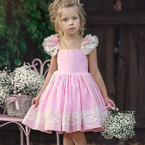 2019 Summer Kids Girl Lace Dress Elegant Flying Ruffle Sleeve Pink Lace