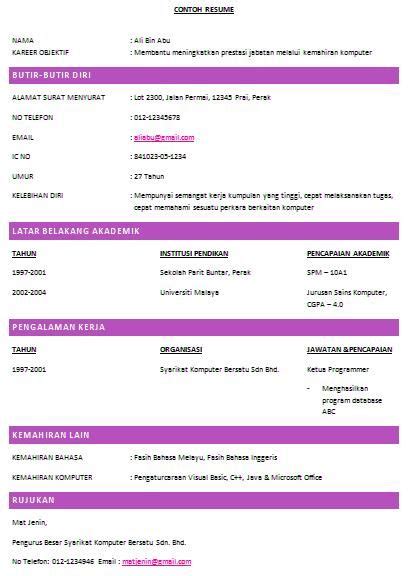 Contoh cv menarik bahasa inggris sering kali dibutuhkan untuk. Contoh Resume Terbaik Lengkap Bahasa Melayu | Job resume ...