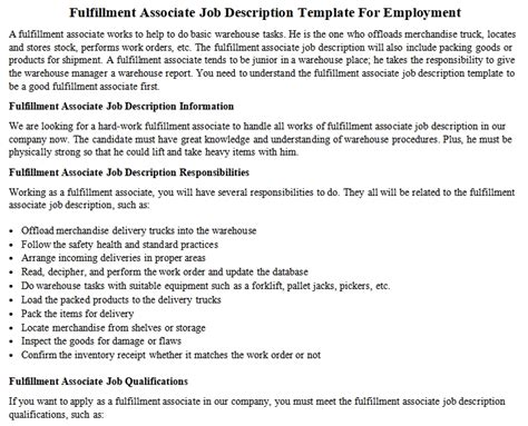 Learn about the key requirements, duties, responsibilities, and skills that should be in a business development associate job description. Fulfillment Associate Job Description Template For ...