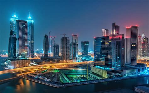 Dubai United Arab Emirates Cityscape Roads Night Lights Concrete