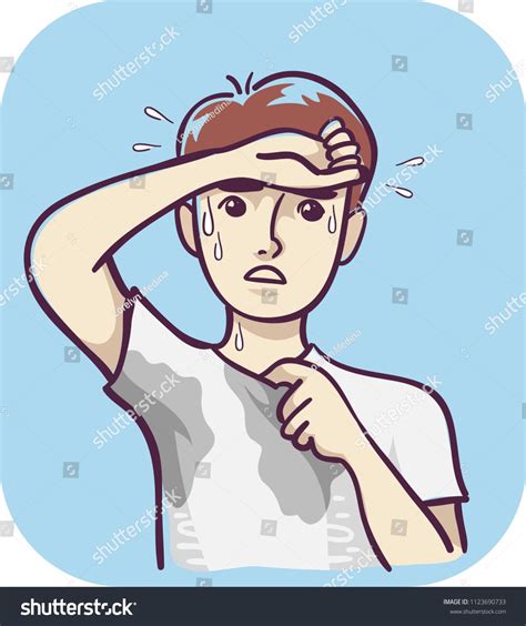 Illustration Of A Man With Excessive Sweating Wiping Forehead With Wet Underarms And Chest Ad