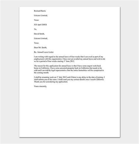 Vacation Leave Request Letter Format Samples Lettering Formal