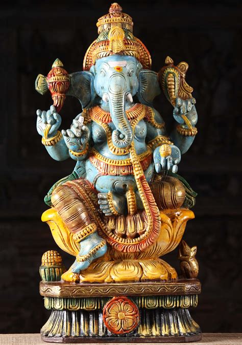 Sold Wood Blue Seated Ganesh Statue 24 76w1ll Hindu