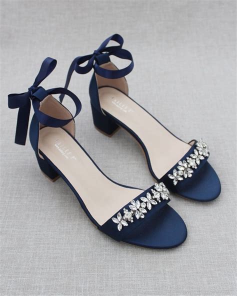 Satin Block Heel Sandals With Floral Rhinestones On Upper Strap Heels