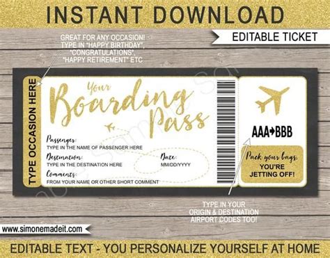 Printable Boarding Pass Template Surprise Fake Airline Ticket Trip Gift