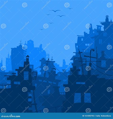 Cartoon Blue City Background With Different Houses Stock Vector