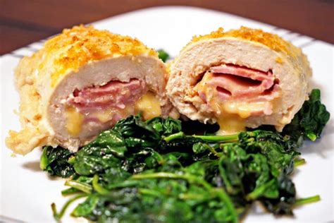 Crispy on the outside with tender chicken breast swirled around melty cheese nestled inside with thin slices of deli ham; Baked Chicken Cordon Bleu with Maple Dijon ...
