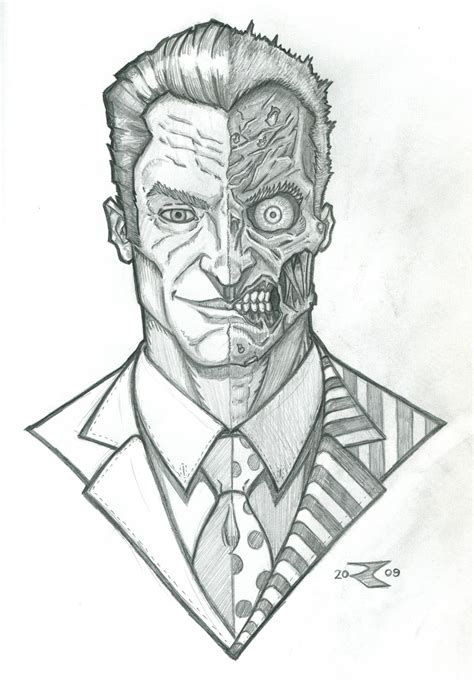 On the head outline the lines of symmetry of the face that must intersect in the center of the face (near the bridge of the nose). The Fine Art of Nerditry: Two-Face, the second time around...