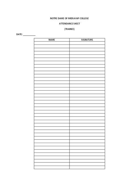 Notre Dame Of Midsayap College Attendance Sheet Trainee Date Name