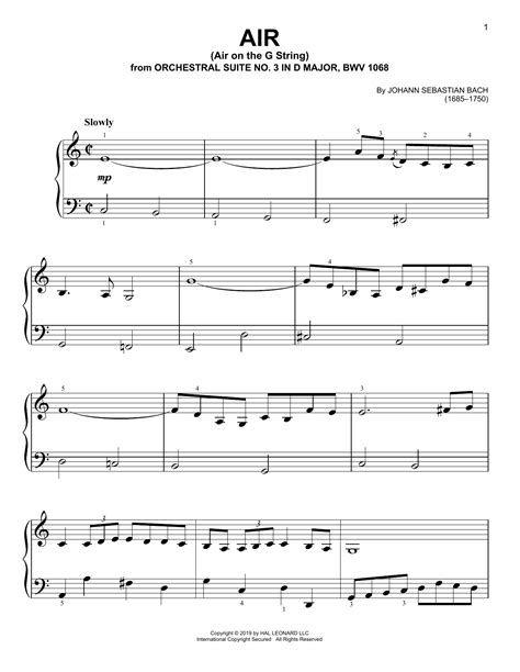 Air Air On The G String Sheet Music Johann Sebastian Bach Easy Piano