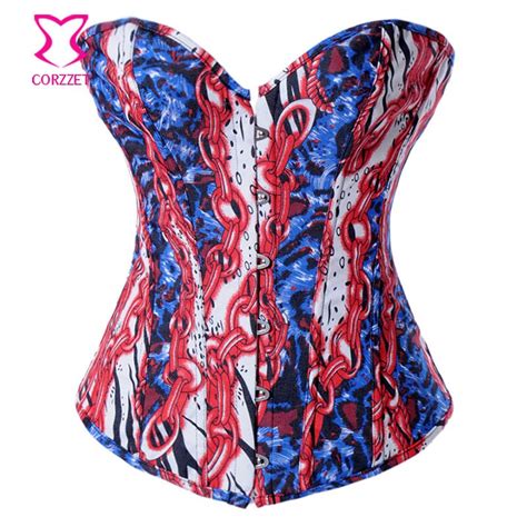 Red And Blue Denim Corset Womens Body Shaper Vintage Corsets And Bustiers Overbust Burlesque Sexy