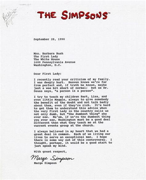 Marge Simpsons Letter To Former First Lady Barbara Bush Picture
