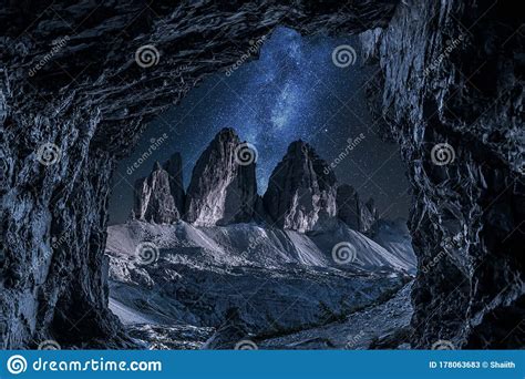 Milky Way And Tre Cime Di Lavaredo From Cave Dolomites Stock Image