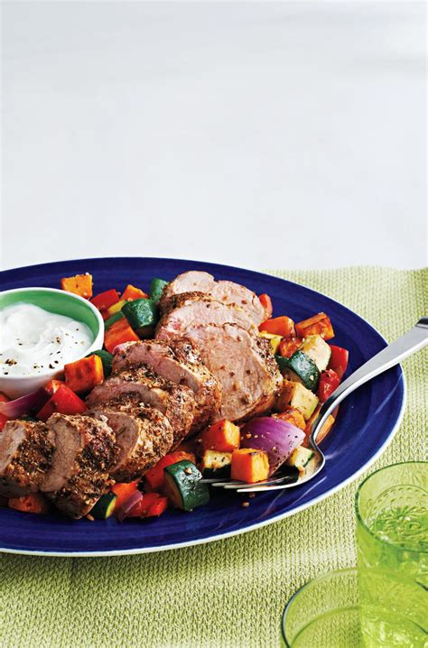 Coat all sides lightly with olive oil and season all sides with salt, pepper and garlic as well. Souvlaki-Style Pork Tenderloin With Mixed Vegetables | Canadian Living | Pork loin cooking time ...