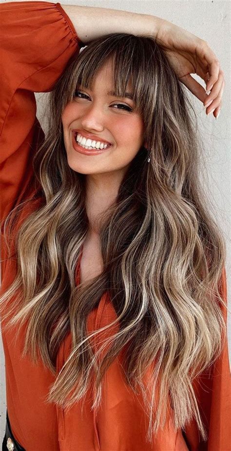Bangs And Balayage Brunette Hair With Highlights Brunette Balayage Hair Balayage With Fringe