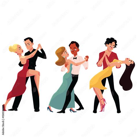 Three Couples Of Professional Ballroom Dancers Dancing Looking At Each Other Cartoon Vector
