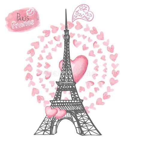 Love In Pariseiffel Towerwatercolor Hearts Stock Vector
