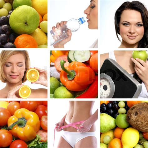 Beautiful Collage About Dieting Healthy Eating And Health Care Stock