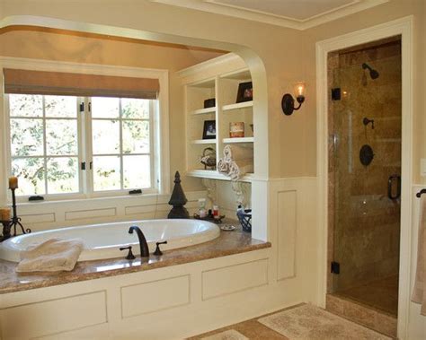 Maybe you would like to learn more about one of these? Like the idea of shelving behind the tub | Traditional ...